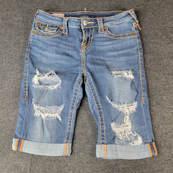 True Religion Riley Distressed Cuffed Knee Length Denim Shorts Women's Size 29 - Picture 1 of 13
